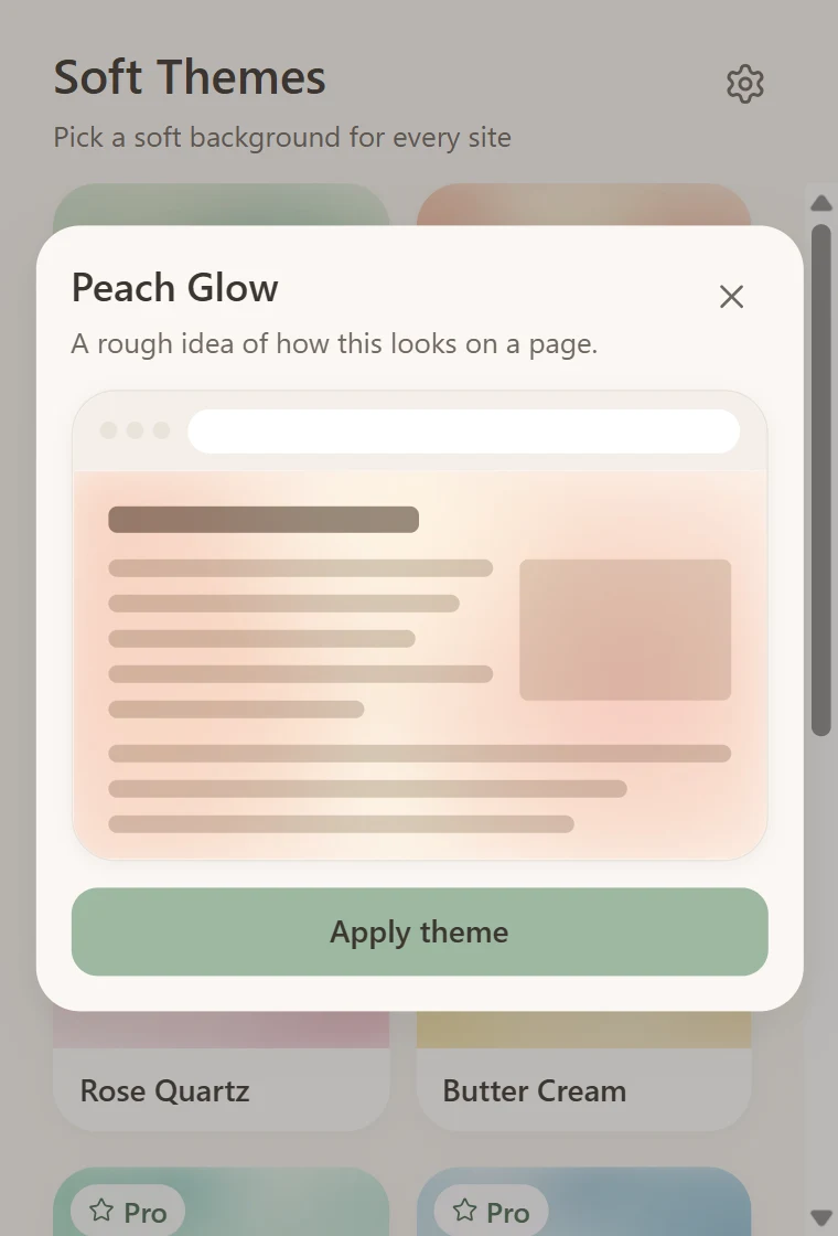 A theme preview inside a small browser window with an Apply theme button
