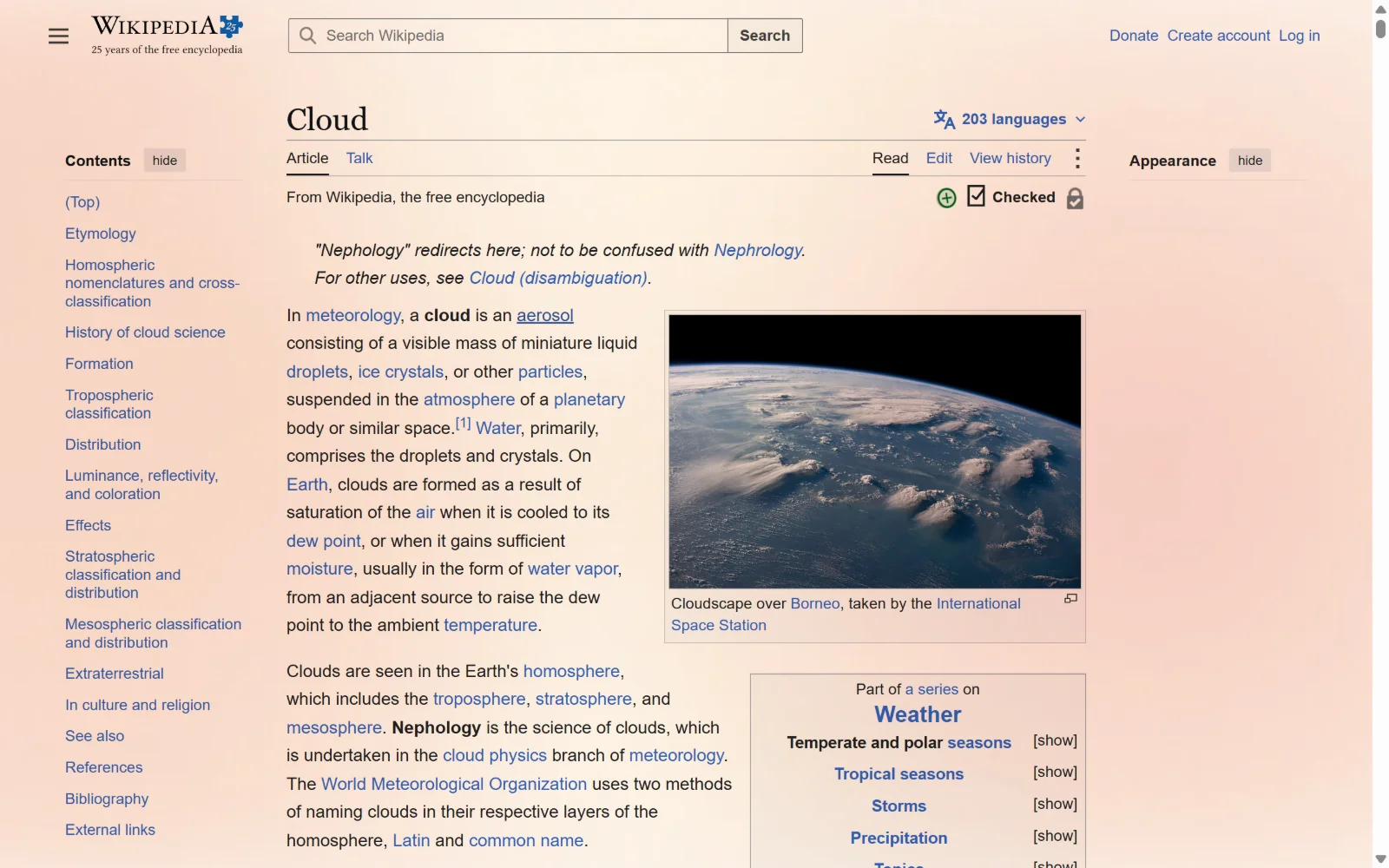A Wikipedia article with a soft pastel tint over the page